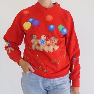 Vintage Fruit of the Loom Red Teddy Bear Balloon Graphic Festive Sweater M